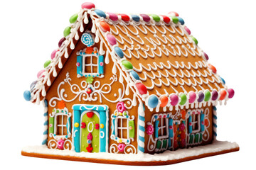 A close-up of a traditional gingerbread house decorated with colorful candies, frosting, and intricate designs