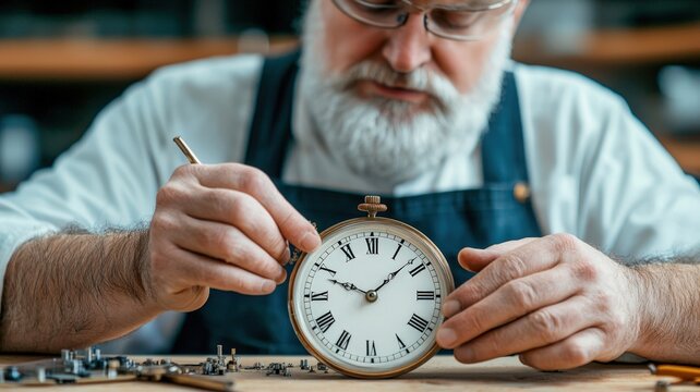 A skilled watchmaker meticulously repairs a vintage pocket watch, showcasing craftsmanship and attention to detail.