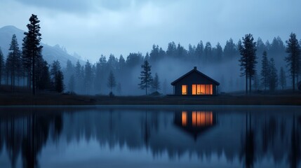 Fototapeta premium Forest retreats offer travel wellness getaways for ultimate relaxation. Serene cabin by a misty lake at dusk with warm glowing lights.