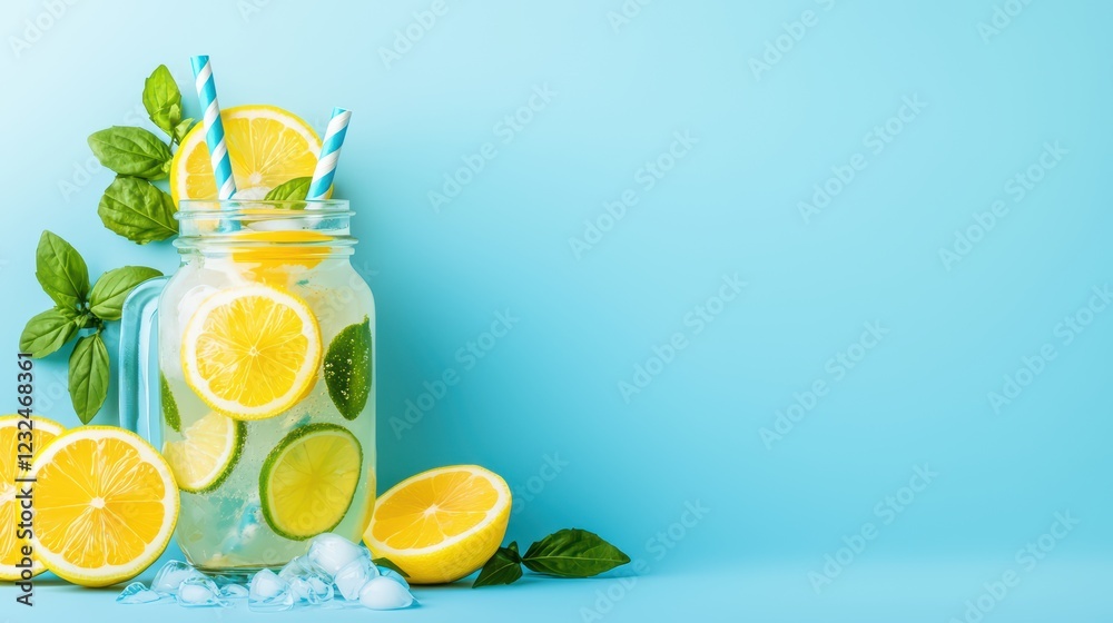 Wall mural Refreshing Citrus Drink in a Jar with Mint and Straw on Blue Background