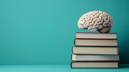 A white brain model sits on a stack of old books in front of a teal background. The image suggests learning, knowledge, and intelligence. The aged