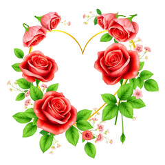 Fototapeta premium Heart-Shaped Floral Frame with Peach Roses and Gold Outline