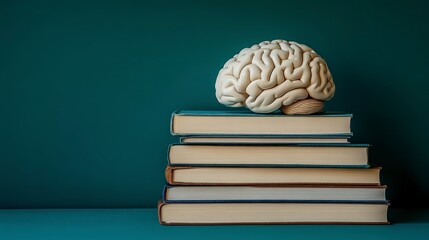 A white anatomical brain model sits on a stack of old, worn books against a teal background. The image suggests learning and knowledge