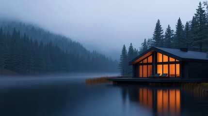 Fototapeta premium Forest retreats offer travel wellness getaways for ultimate relaxation. Cozy cabin by a serene lake in a misty forest setting.
