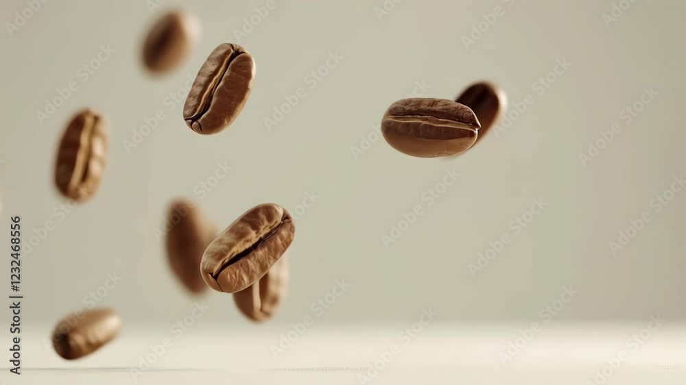 Poster multiple roasted coffee beans are levitating against a neutral background, creating a dynamic and vi