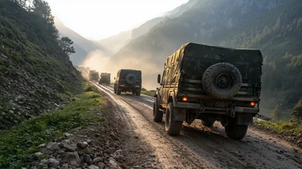 Dramatic Scene of Military Convoy in Mountain Pass with Morning Rays