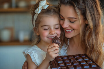 Happy mother and daughter sharing chocolate