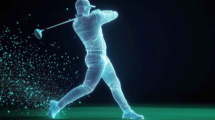 Cybernetic Golfer with Holographic Interface, a futuristic athlete in a sleek design, swinging a high-tech club while analyzing trajectory in an expansive digital landscape