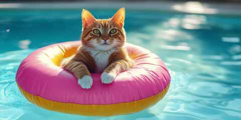 Happy Cat Swimming In The Pool. Vacation, Travel Concept
