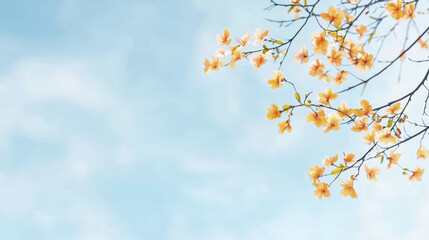Obraz premium Delicate yellow flowers bloom on branches against serene blue sky, creating peaceful and uplifting atmosphere