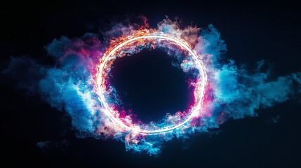 Fototapeta premium Abstract cloud with illuminated colorful light circle on dark night sky
