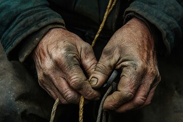Close-up of a weathered fishermans hands gripping a fishing line showing the grit and dedication of the fishing life