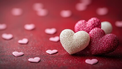 Fototapeta premium Heart-shaped sponges and confetti on a red background, conveying love and romance for Valentine's Day and related events