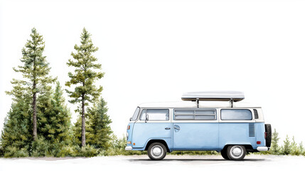 vintage blue camper van parked beside tall green trees, evoking sense of adventure and nostalgia