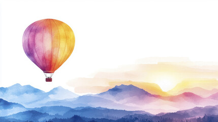 Obraz premium vibrant watercolor illustration of hot air balloon soaring over majestic mountains at sunset, evoking sense of adventure and tranquility