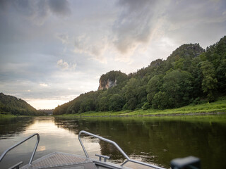 Boat ride on the Elbe river through the national park Sächsische Schweiz (Saxon Switzerland)....