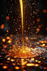 Golden olive oil slowly pours into a black pan, creating splashes and droplets