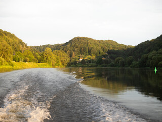 National park Saxon Switzerland (Sächsische Schweiz) from the Elbe river. Beautiful nature during...