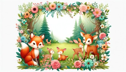 Cute baby foxes in a floral woodland frame with soft pastel colors for children's decor storytelling greeting cards and fairytale lovers