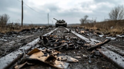 Overcast Skies and Wrecked Tank Tracks in a Monochromatic Battlefield Scene