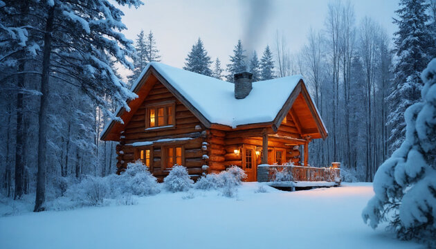 Charming log cabin in snowy landscape with warm light glowing from windows