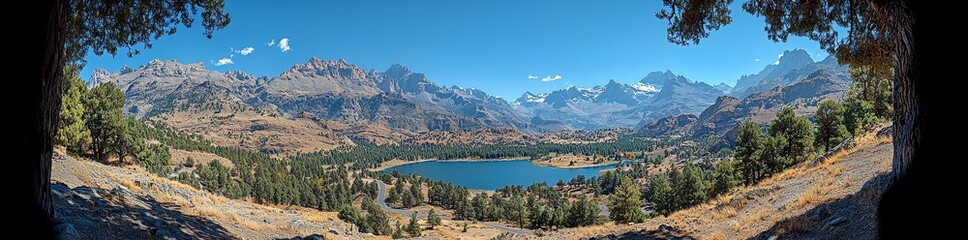 A sweeping panorama of a mountain lake with the breathtaking peaks of the Caucasus in the background