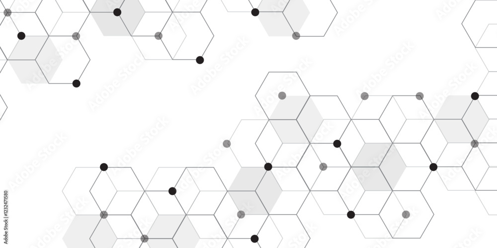 Poster Molecular structure abstract tech background. Geometric white background. Vector banner design with hexagons. Science network pattern, connecting lines and dots Medical background, Vector illustration