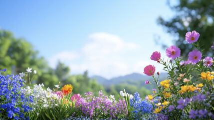 Obraz premium Vibrant flowers in garden under clear blue sky, showcasing nature beauty