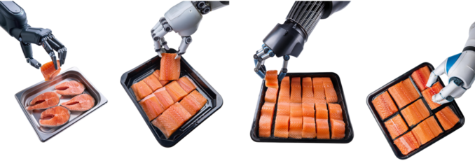 Advanced robotic arms sorting and arranging salmon slices with precision.