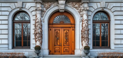 Fototapeta premium A tall, arched wooden door with intricate vine and rose carvings, polished to a warm sheen, topped with a fan-shaped window featuring detailed radiating carvings.