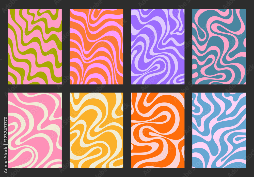 Poster Set Of Groovy Posters Vector Design. Collection Of Wavy Y2k Textures. Trippy Abstract Geometric Backgrounds.