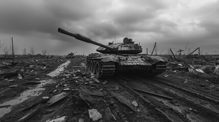 Dramatic Landscape of Wrecked Tank Tracks Surrounded by Battlefield Wreckage
