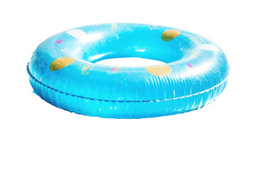 A large, inflatable swimming pool ring float gently bobbing in the inviting blue water of a pool. The sunlight sparkles on the surface, enhancing the float's cheerful colors