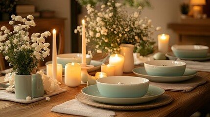 Fototapeta premium Elegant Dining Setup with Candles and Fresh Flowers on Table