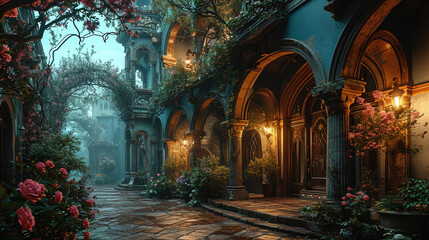 street in the night with traditional buildings and foggy atmosphere