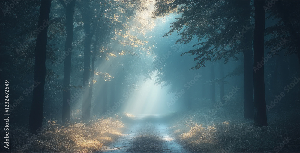 Poster a tranquil forest path meanders through a misty landscape, bathed in gentle, golden sunlight. the in