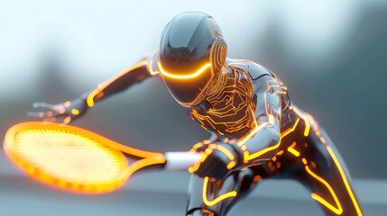 Futuristic tennis robot serves powerfully, humanoid form with glowing circuits, dynamic motion blur, set against a minimalist backdrop highlighting advanced technology.