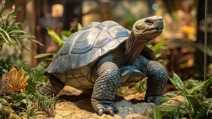 Naklejka premium A slow-moving tortoise crawls on the floor, covered in a sturdy shell and wielding short, slow legs