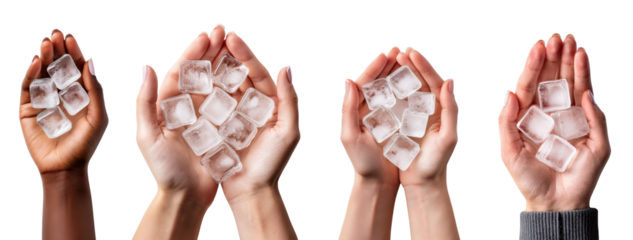 Diverse hands holding ice cubes, showcasing unity and refreshment in beverage preparation.