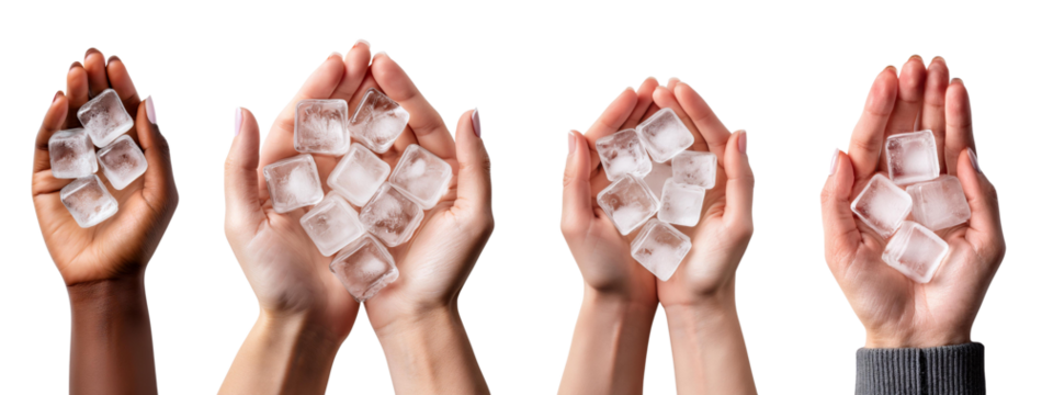 Diverse hands holding ice cubes, showcasing unity and refreshment in beverage preparation.