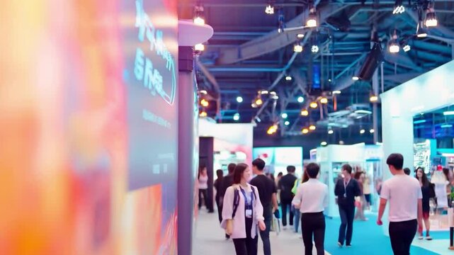A dynamic exhibition with people socialising and looking at exhibits. Suitable for advertising business events, presentations and conferences.
