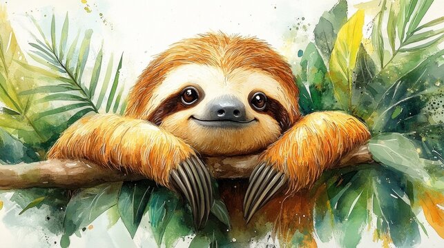 Watercolor sloth on branch in tropical leaves. Generative AI - Powered by Adobe