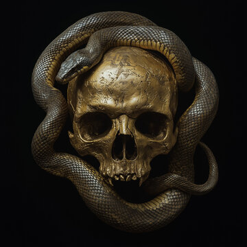 Vintage golden skull and snake, black