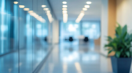 Fototapeta premium Modern office interior with glass walls and bright lighting. blurred dentist office background 