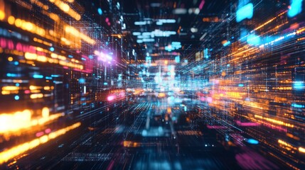 Dynamic digital landscape with vibrant lights and data streams in futuristic setting