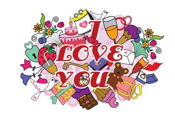 Valentines day doodle vector set. Hand drawn elements for Valentine's day. Outline icons on theme of love, romance, February 14 in doodle style. For banner, card, cover, poster, wallpaper, packaging
