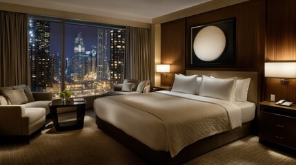 Luxurious hotel room with city view at night.
