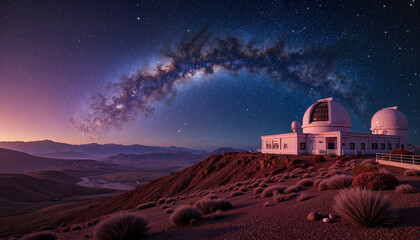 Obraz premium Futuristic observatory gazes at star-filled sky on alien world, exploration