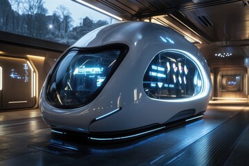 Fototapeta premium Futuristic transportation pod in a sleek urban environment at dusk