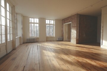 Fototapeta premium Spacious Sunlit Empty Room with Wooden Floors and Brick Wall